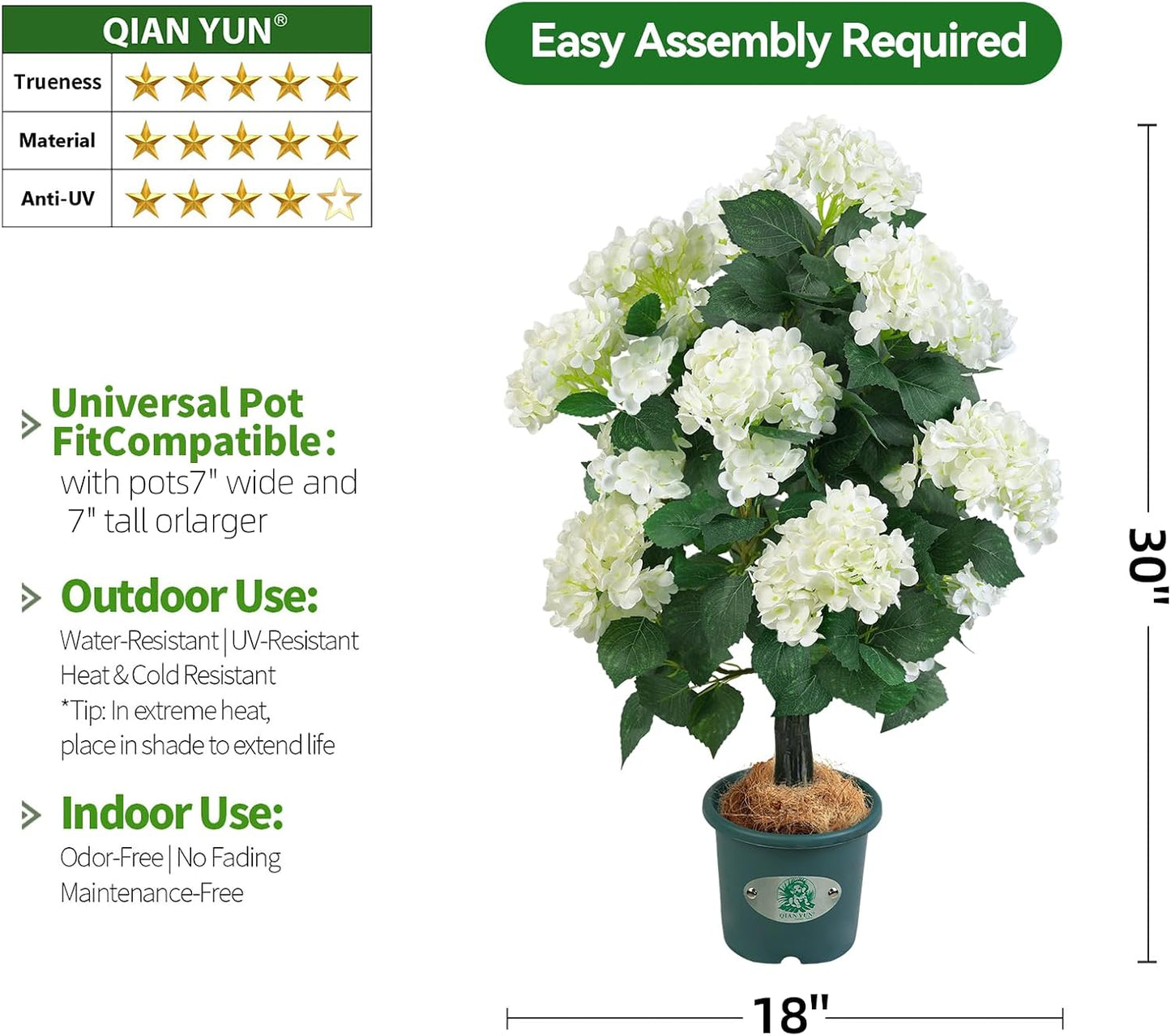 31" Artificial Hydrangea Tree in Pot, Faux Hydrangea Topiary Plant, UV Resistant Indoor Outdoor Potted Flower Tree for Front Porch, Patio, Entryway, Living Room Decor (2, White)