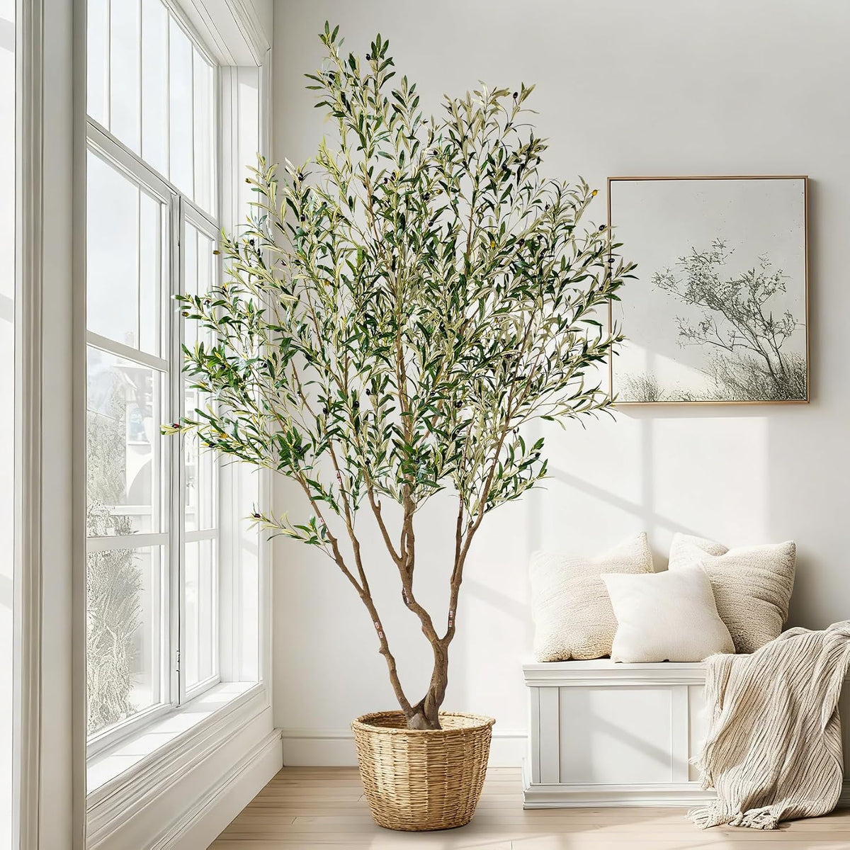7ft Faux Olive Tree with Pot & Moss Artificial Olive Plant Fake Olive Tree for Home Decor, Large Indoor Artificial Trees Faux Plants Indoor Durable Artificial Trees for Living Room/Office