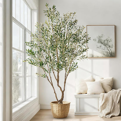 7ft Faux Olive Tree with Pot & Moss Artificial Olive Plant Fake Olive Tree for Home Decor, Large Indoor Artificial Trees Faux Plants Indoor Durable Artificial Trees for Living Room/Office