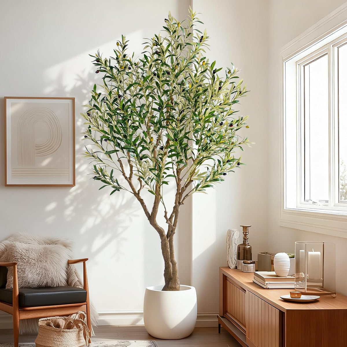 7ft Faux Olive Tree with Pot & Moss Artificial Olive Plant Fake Olive Tree for Home Decor, Large Indoor Artificial Trees Faux Plants Indoor Durable Artificial Trees for Living Room/Office