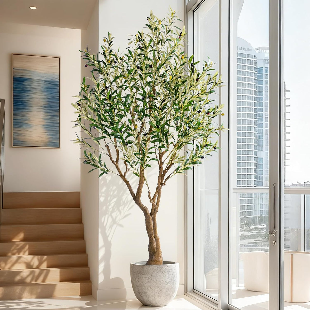 7ft Faux Olive Tree with Pot & Moss Artificial Olive Plant Fake Olive Tree for Home Decor, Large Indoor Artificial Trees Faux Plants Indoor Durable Artificial Trees for Living Room/Office