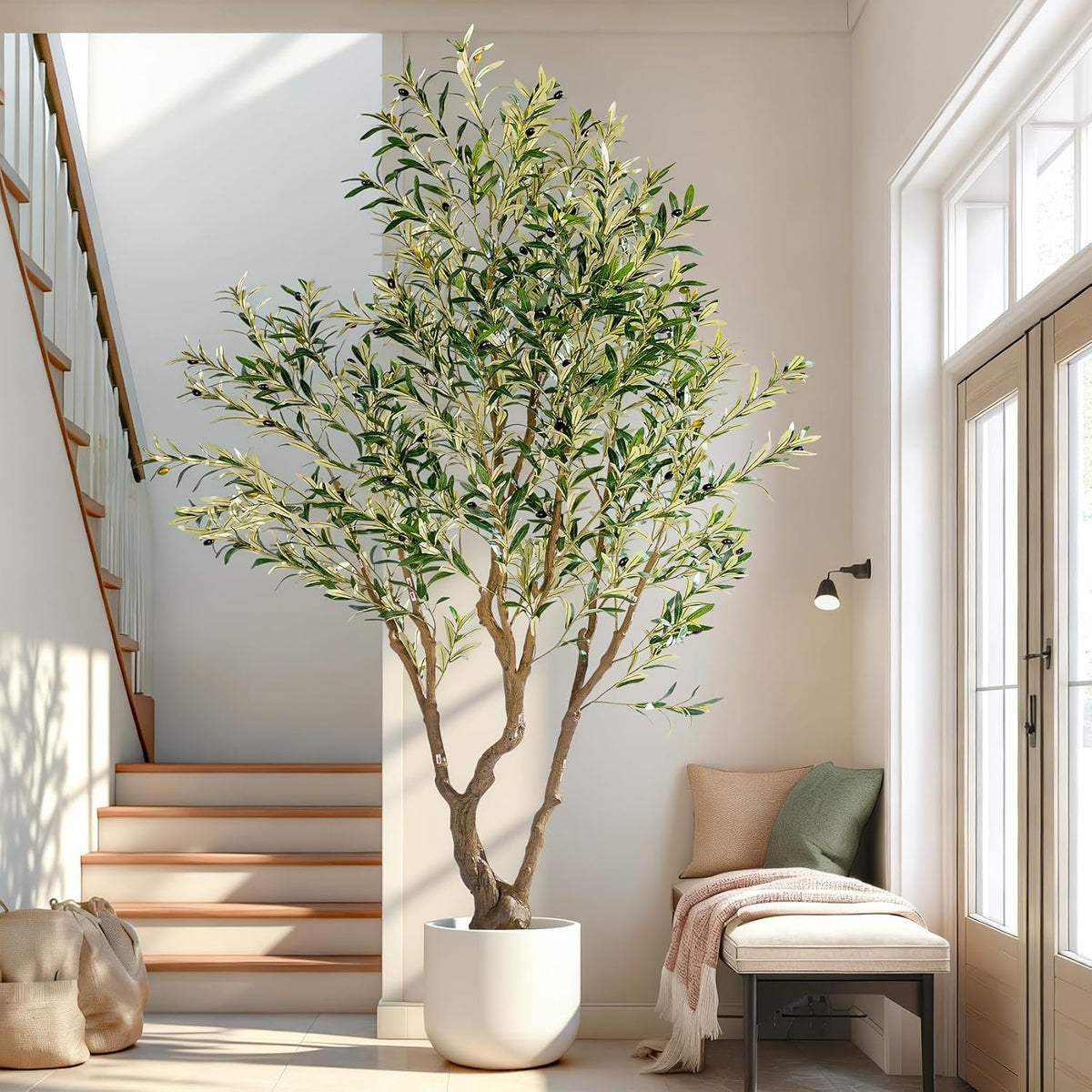 7ft Faux Olive Tree with Pot & Moss Artificial Olive Plant Fake Olive Tree for Home Decor, Large Indoor Artificial Trees Faux Plants Indoor Durable Artificial Trees for Living Room/Office