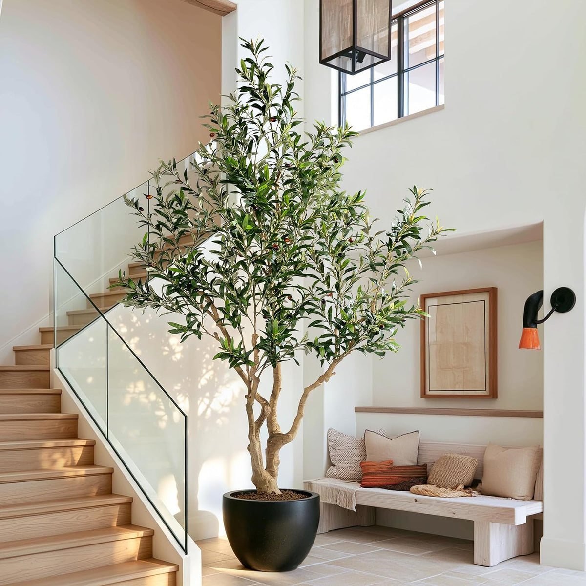 7ft Faux Olive Tree with Pot & Moss Artificial Olive Plant Fake Olive Tree for Home Decor, Large Indoor Artificial Trees Faux Plants Indoor Durable Artificial Trees for Living Room/Office