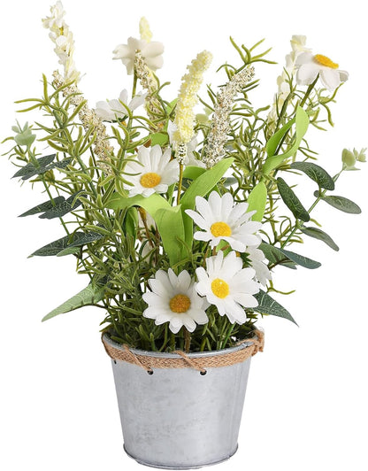 Artificial Flowers Potted, 12.2'’ Small Flower Arrangement with White Daisy Lavender in Metal Pot, Fake Floral Centerpieces for Tables Spring Summer All Season Home Indoor Decaorations