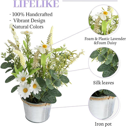 Artificial Flowers Potted, 12.2'’ Small Flower Arrangement with White Daisy Lavender in Metal Pot, Fake Floral Centerpieces for Tables Spring Summer All Season Home Indoor Decaorations