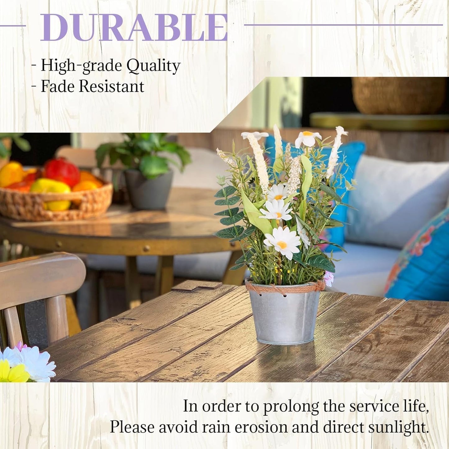 Artificial Flowers Potted, 12.2'’ Small Flower Arrangement with White Daisy Lavender in Metal Pot, Fake Floral Centerpieces for Tables Spring Summer All Season Home Indoor Decaorations