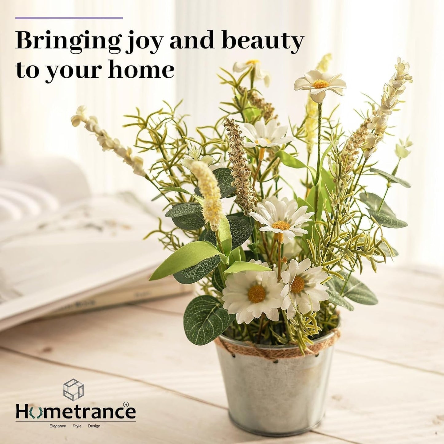 Artificial Flowers Potted, 12.2'’ Small Flower Arrangement with White Daisy Lavender in Metal Pot, Fake Floral Centerpieces for Tables Spring Summer All Season Home Indoor Decaorations