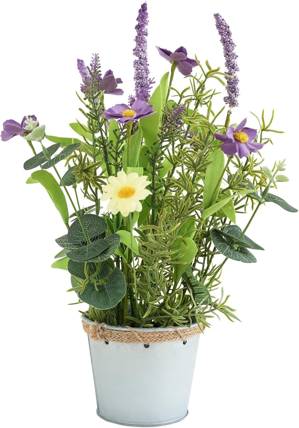 Artificial Flowers Potted, 12.2'’ Small Flower Arrangement with White Daisy Lavender in Metal Pot, Fake Floral Centerpieces for Tables Spring Summer All Season Home Indoor Decaorations