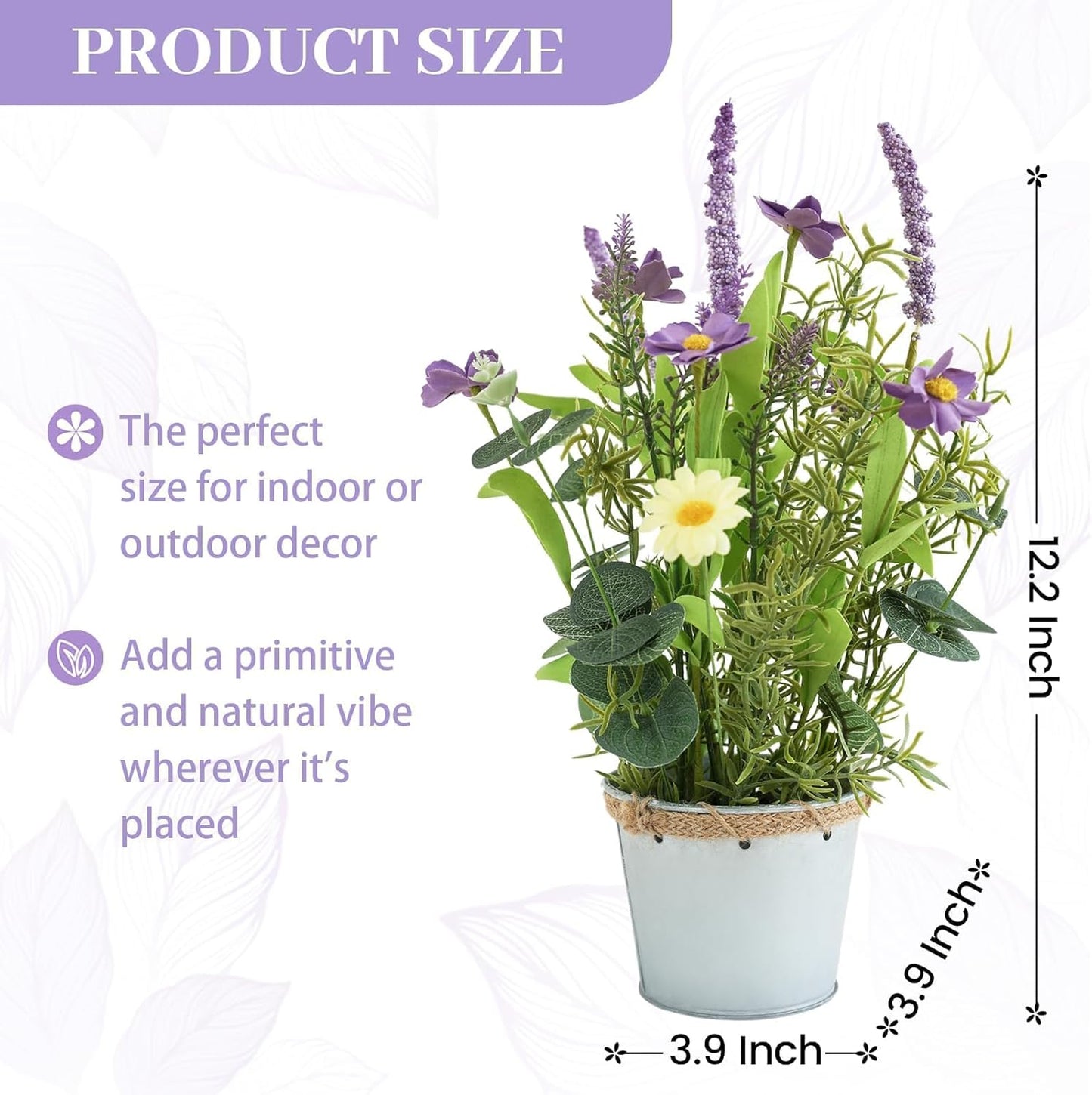 Artificial Flowers Potted, 12.2'’ Small Flower Arrangement with White Daisy Lavender in Metal Pot, Fake Floral Centerpieces for Tables Spring Summer All Season Home Indoor Decaorations