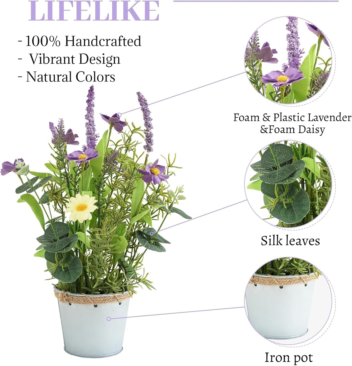 Artificial Flowers Potted, 12.2'’ Small Flower Arrangement with White Daisy Lavender in Metal Pot, Fake Floral Centerpieces for Tables Spring Summer All Season Home Indoor Decaorations