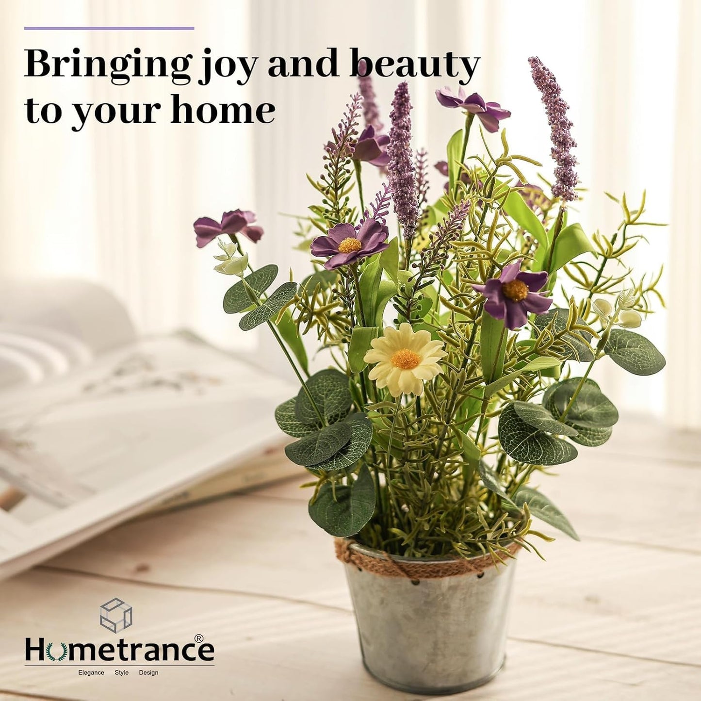 Artificial Flowers Potted, 12.2'’ Small Flower Arrangement with White Daisy Lavender in Metal Pot, Fake Floral Centerpieces for Tables Spring Summer All Season Home Indoor Decaorations