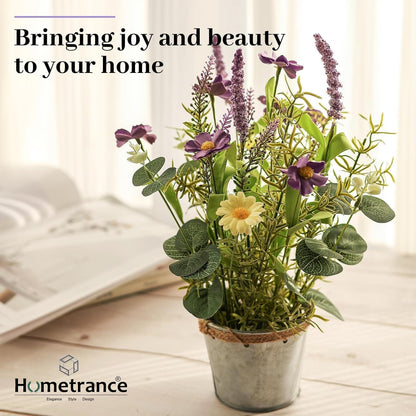 Artificial Flowers Potted, 12.2'’ Small Flower Arrangement with White Daisy Lavender in Metal Pot, Fake Floral Centerpieces for Tables Spring Summer All Season Home Indoor Decaorations