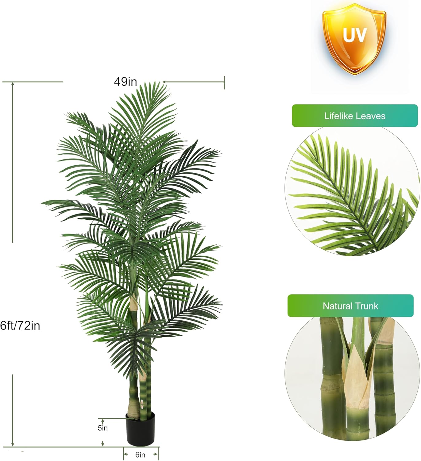 8ft Tall UV Resistant Faux Palm Tree, 96in Artificial Palm Tree Indoor Outdoor, Fake Tree with Real Bark and Realistic Leaves and for Home House Office Living Room Yard Patio.
