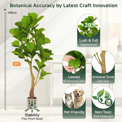 5ft Artificial Fiddle Leaf Fig Tree Tall Large Realistic Fake Ficus Lyrata Plant for Indoor Home Decor Office Living Room Floor Plant Modern Farmhouse Silk Tree 60 Inch Pet Safe Maintenance Free