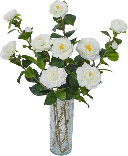 32" Artificial Camellia Trees Branches Faux White Camellia Silk Flowers with Stems for Vase Wedding Office Home Decor 3 PCS