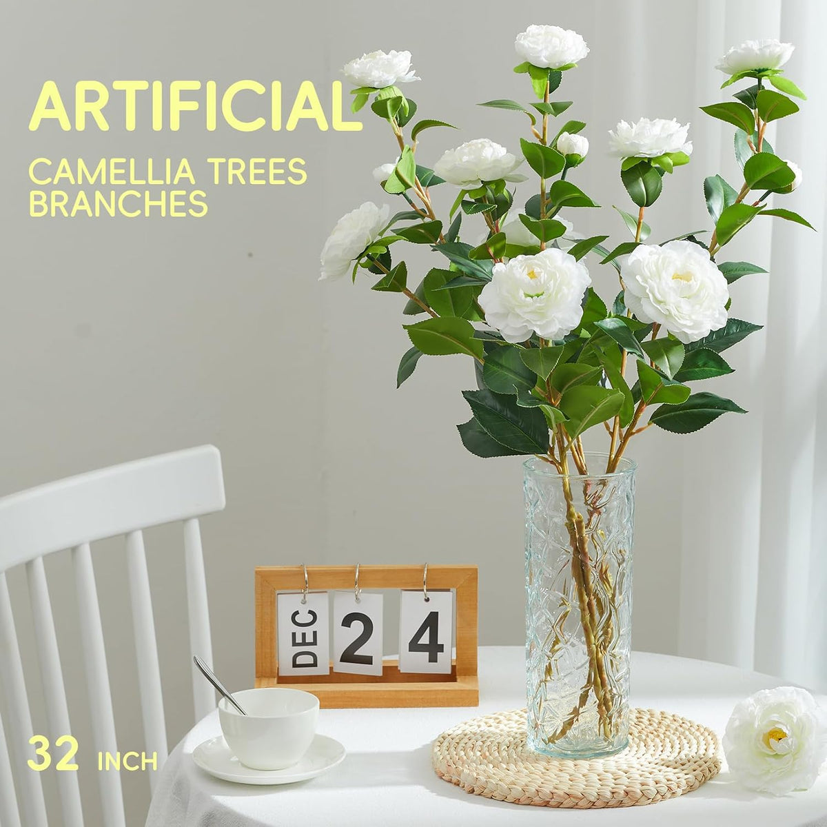 32" Artificial Camellia Trees Branches Faux White Camellia Silk Flowers with Stems for Vase Wedding Office Home Decor 3 PCS