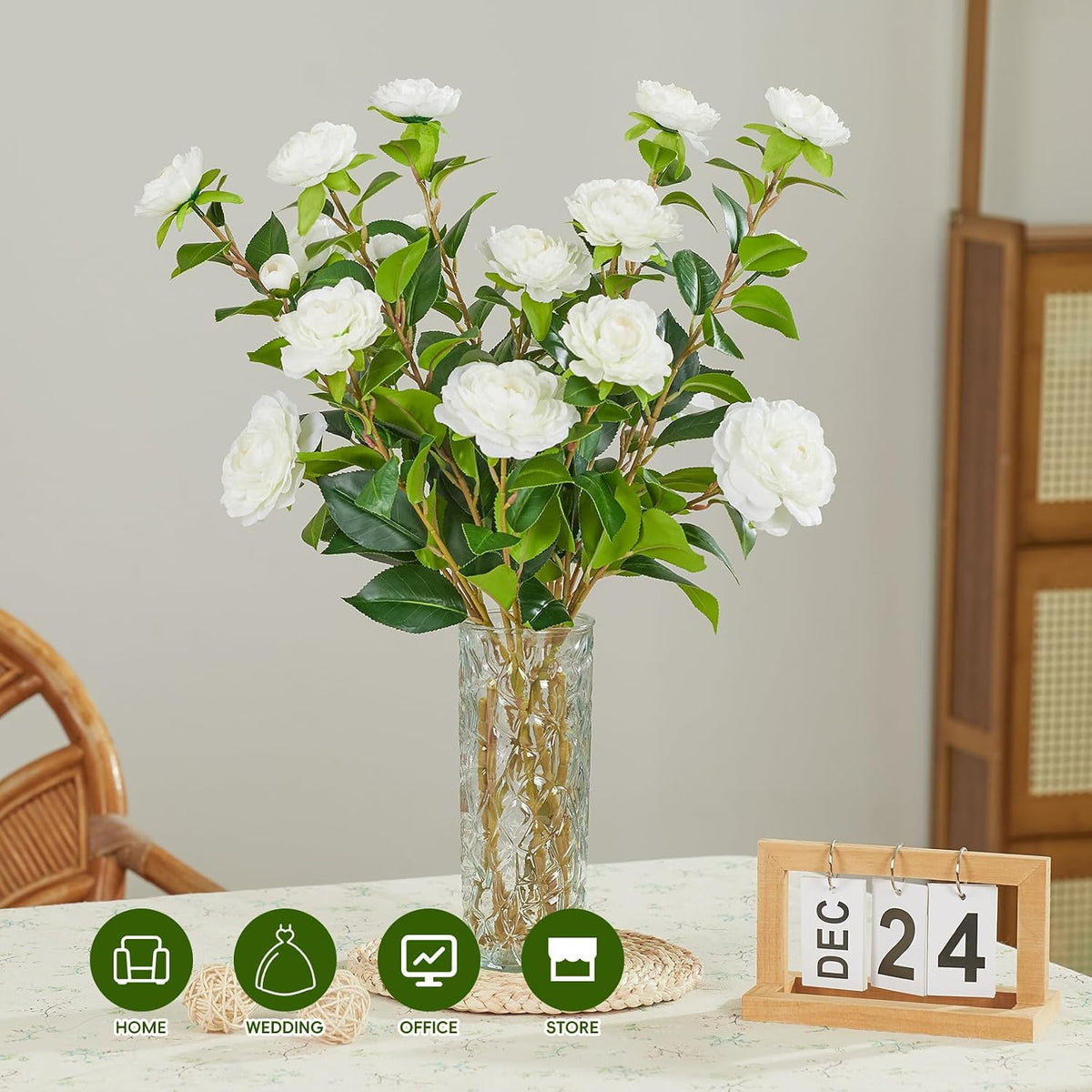 32" Artificial Camellia Trees Branches Faux White Camellia Silk Flowers with Stems for Vase Wedding Office Home Decor 3 PCS