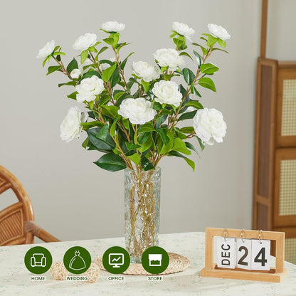 32" Artificial Camellia Trees Branches Faux White Camellia Silk Flowers with Stems for Vase Wedding Office Home Decor 3 PCS