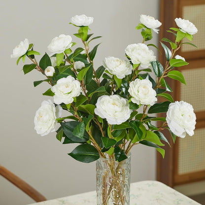 32" Artificial Camellia Trees Branches Faux White Camellia Silk Flowers with Stems for Vase Wedding Office Home Decor 3 PCS