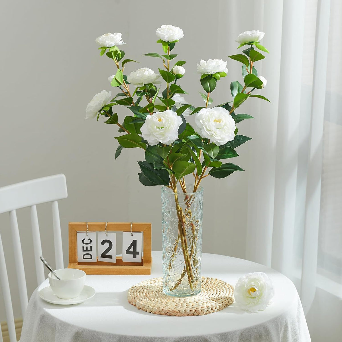 32" Artificial Camellia Trees Branches Faux White Camellia Silk Flowers with Stems for Vase Wedding Office Home Decor 3 PCS