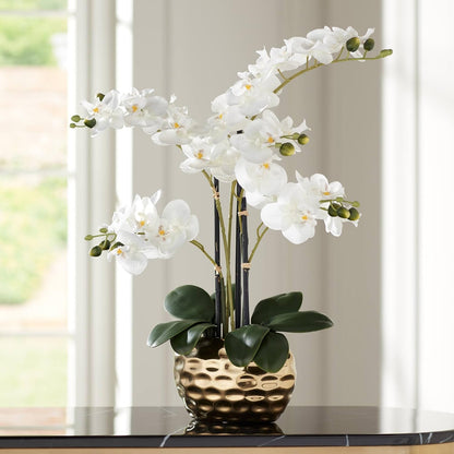 Potted Faux Artificial Flowers Realistic White Phalaenopsis Orchid in Silver Gold Ceramic Pot Home Decoration Living Room Office Bedroom Bathroom Kitchen Dining Room 23" High