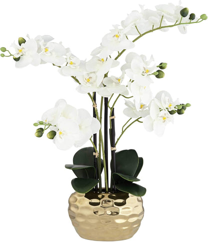 Potted Faux Artificial Flowers Realistic White Phalaenopsis Orchid in Silver Gold Ceramic Pot Home Decoration Living Room Office Bedroom Bathroom Kitchen Dining Room 23" High
