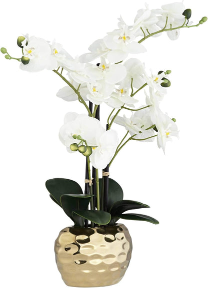 Potted Faux Artificial Flowers Realistic White Phalaenopsis Orchid in Silver Gold Ceramic Pot Home Decoration Living Room Office Bedroom Bathroom Kitchen Dining Room 23" High