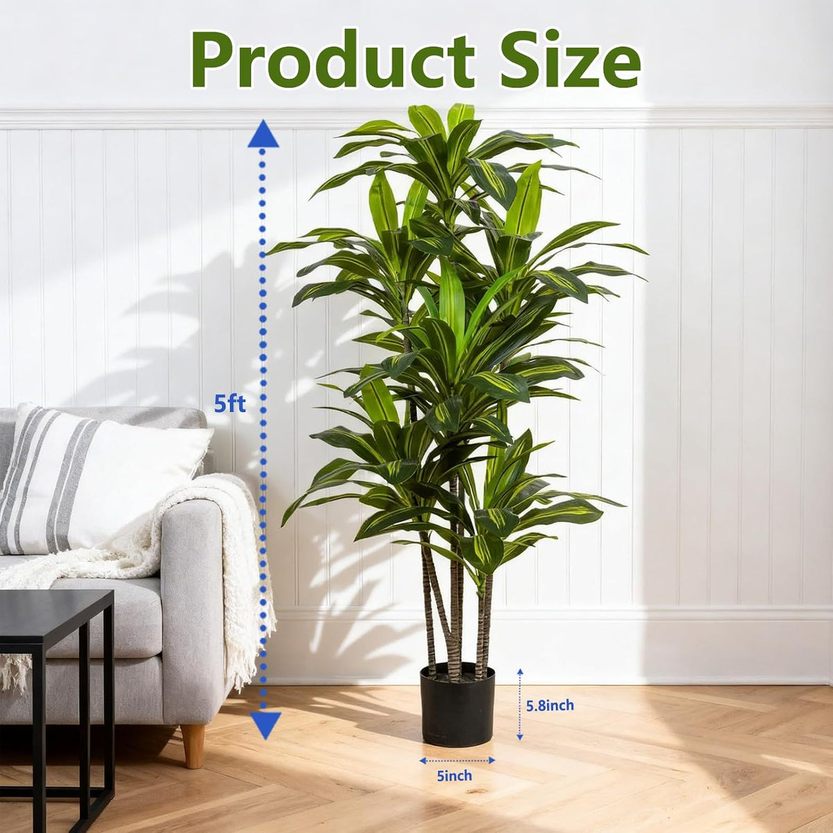 5ft Dracaena Artificial Plant - Large Tropical Indoor Fake Tree with Lifelike Leaves - Tall Faux Floor Plant in Pot for Home Office Living Room Decor