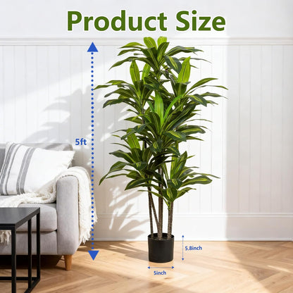 5ft Dracaena Artificial Plant - Large Tropical Indoor Fake Tree with Lifelike Leaves - Tall Faux Floor Plant in Pot for Home Office Living Room Decor