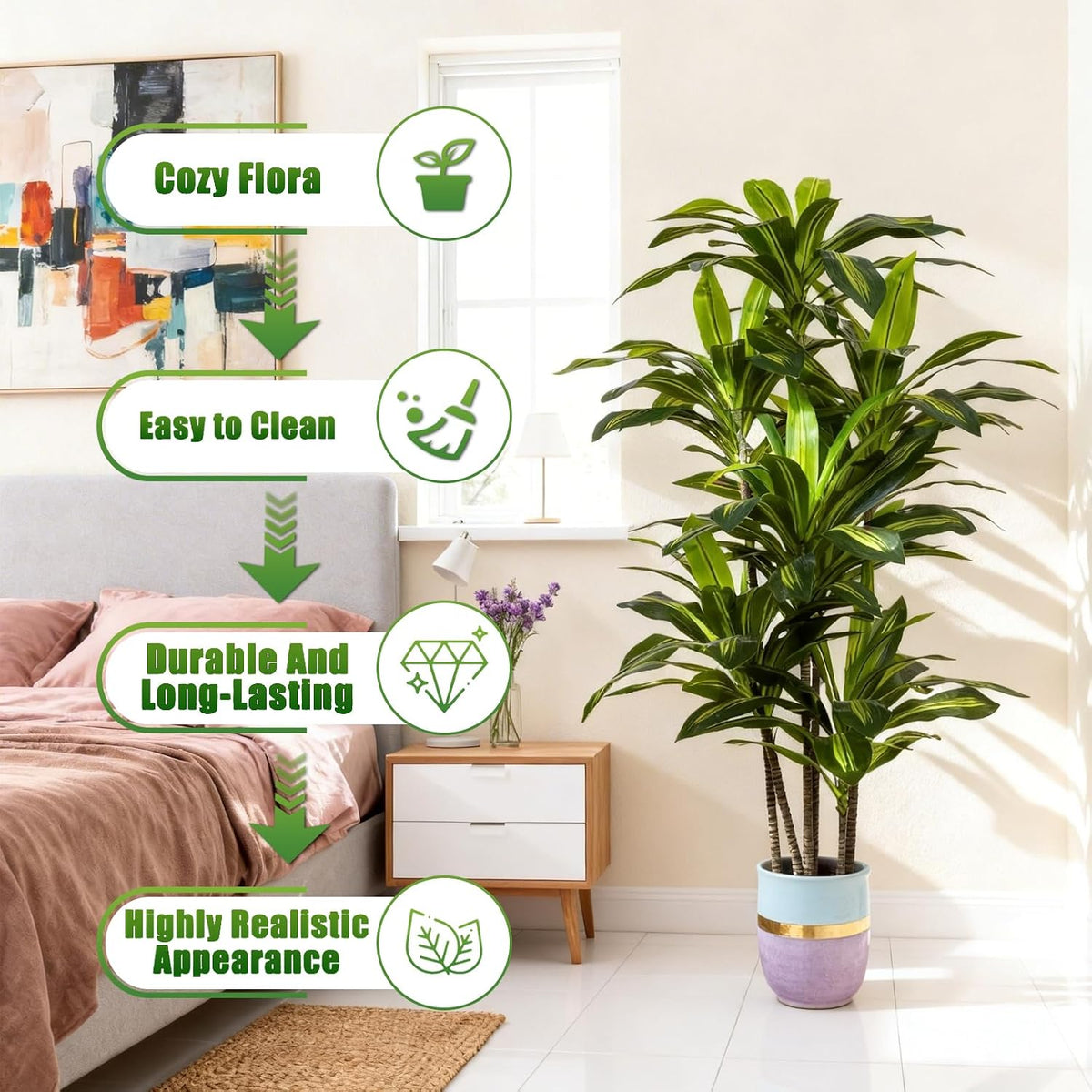 5ft Dracaena Artificial Plant - Large Tropical Indoor Fake Tree with Lifelike Leaves - Tall Faux Floor Plant in Pot for Home Office Living Room Decor