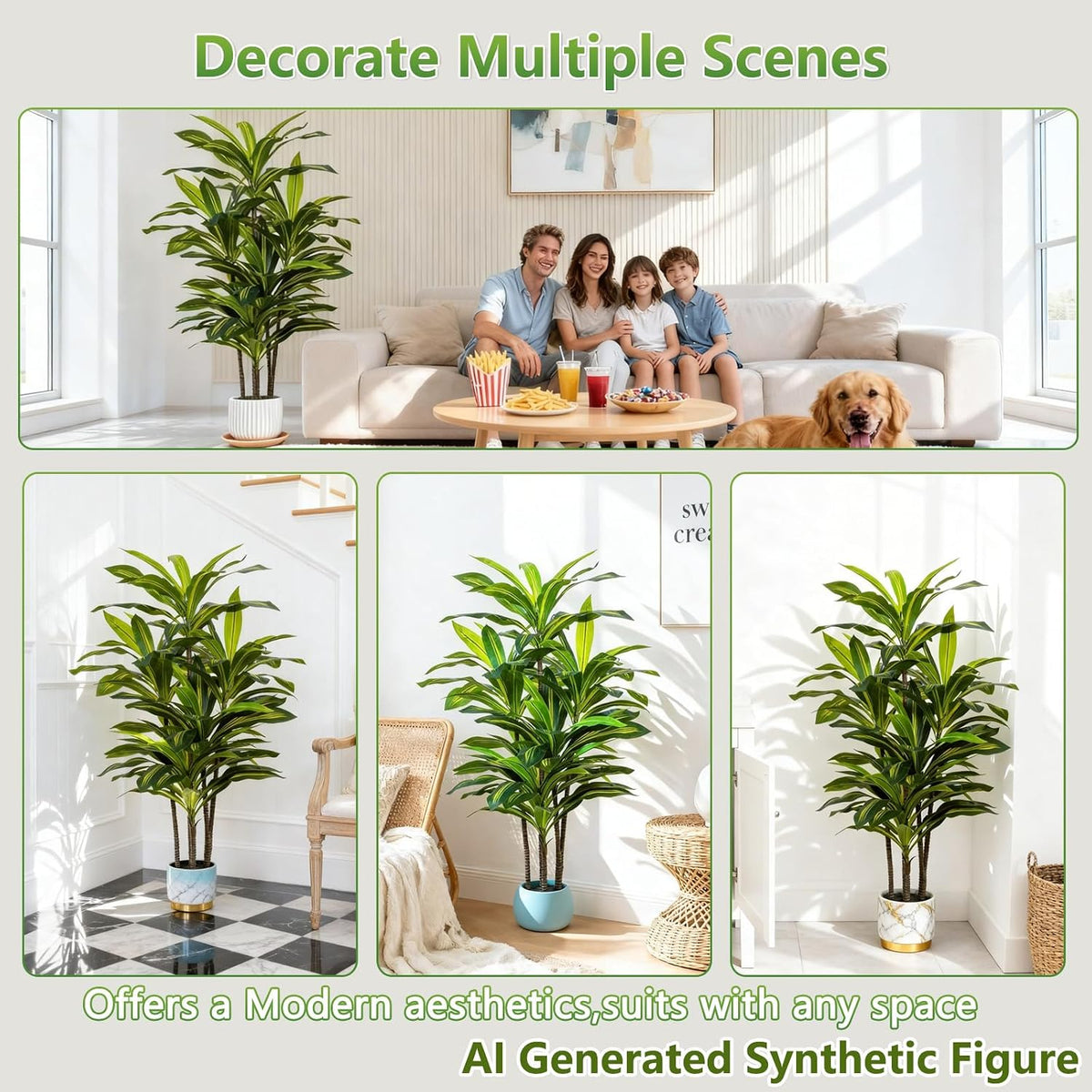 5ft Dracaena Artificial Plant - Large Tropical Indoor Fake Tree with Lifelike Leaves - Tall Faux Floor Plant in Pot for Home Office Living Room Decor