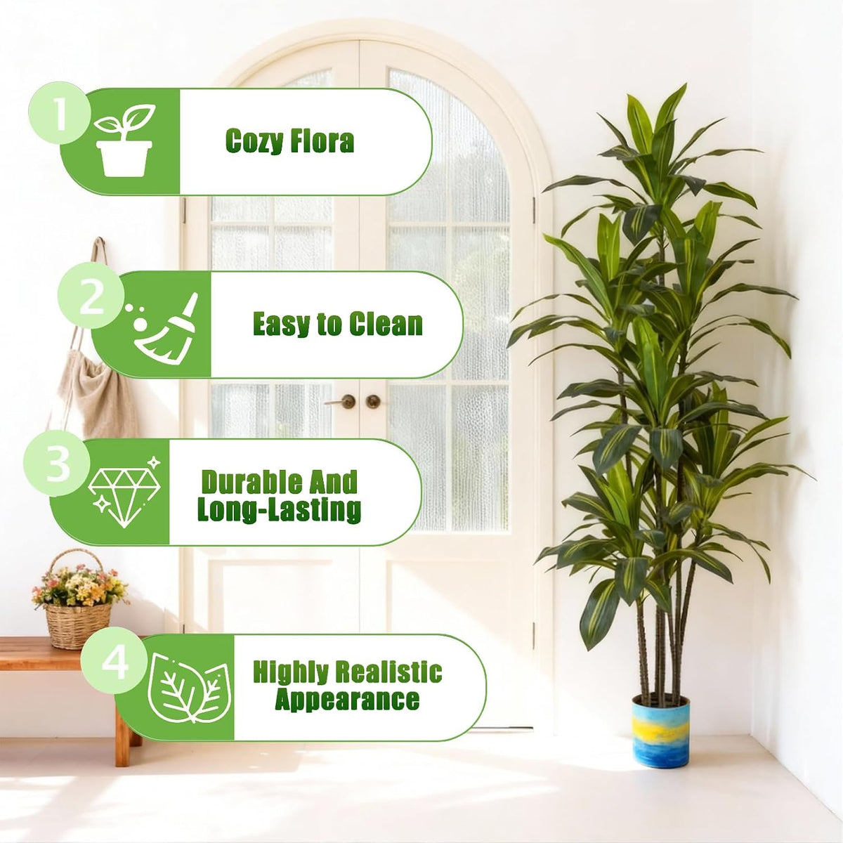5ft Dracaena Artificial Plant - Large Tropical Indoor Fake Tree with Lifelike Leaves - Tall Faux Floor Plant in Pot for Home Office Living Room Decor