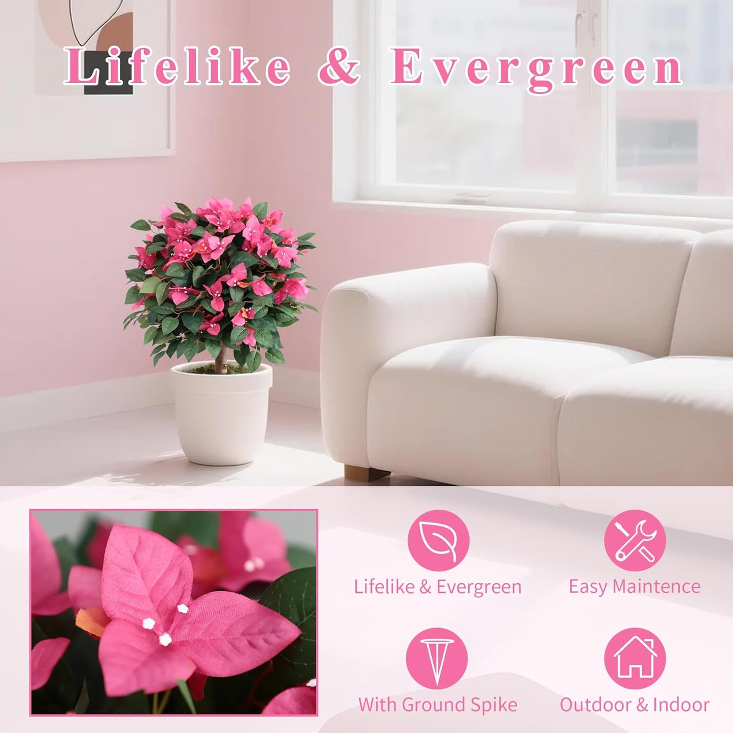 24inch Artificial Bougainvillea Flowers Trees with Ground Spike, Fake Bougainvillea Topiary Ball Tree with Flowers, Faux Azalea Plants for Outdoor Indoor Garden Yard Front Porch Decer (Set of 2)