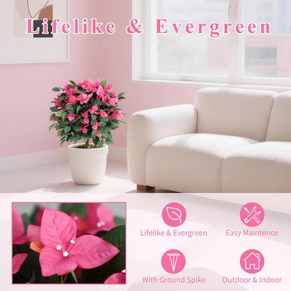 24inch Artificial Bougainvillea Flowers Trees with Ground Spike, Fake Bougainvillea Topiary Ball Tree with Flowers, Faux Azalea Plants for Outdoor Indoor Garden Yard Front Porch Decer (Set of 2)