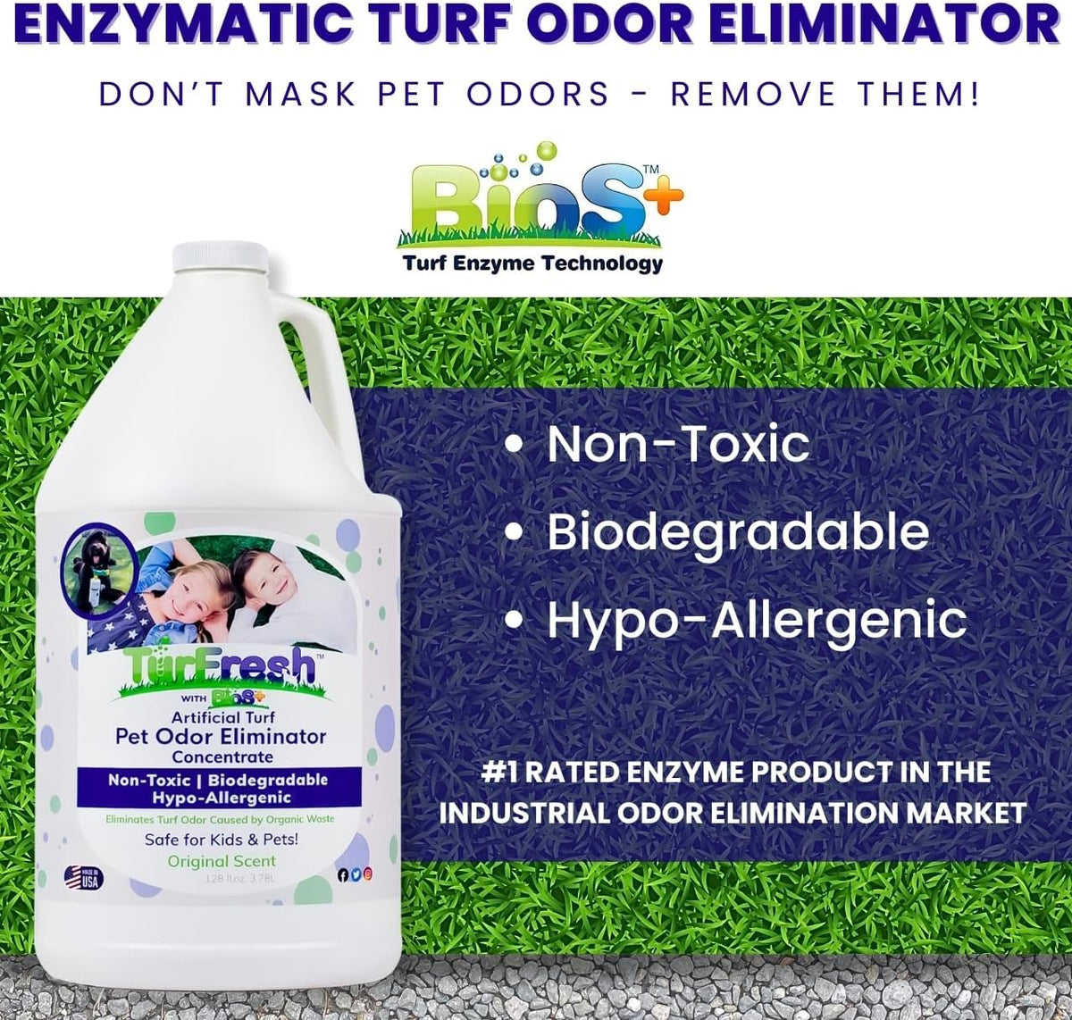 BioS+ Artificial Turf Pet Odor Eliminator – Enzyme Concentrate for Dog Urine and Poop – Outdoor Deodorizer Safe for Kids, Pets and Plants – Non-Toxic Formula, 1 Gallon