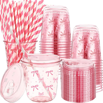 50 Sets Yellow Lemon Clear Plastic Cups with Lids & Straws 16 oz Party Tumblers for Iced Coffee, Smoothies, Juice & More Cute Disposable Pet Mugs for Birthdays & Gatherings