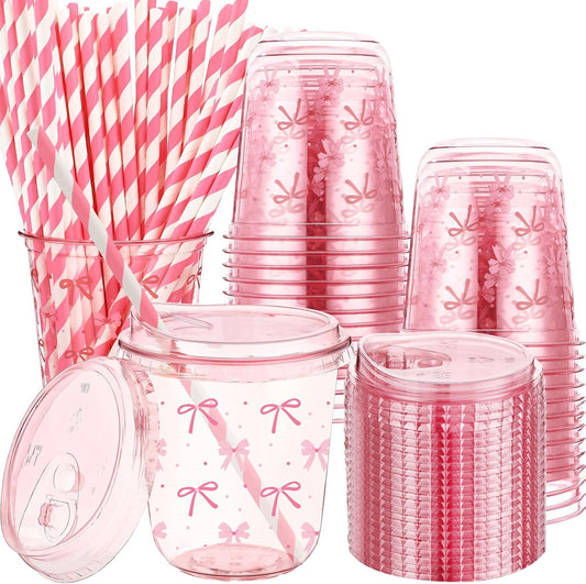 50 Sets Yellow Lemon Clear Plastic Cups with Lids & Straws 16 oz Party Tumblers for Iced Coffee, Smoothies, Juice & More Cute Disposable Pet Mugs for Birthdays & Gatherings