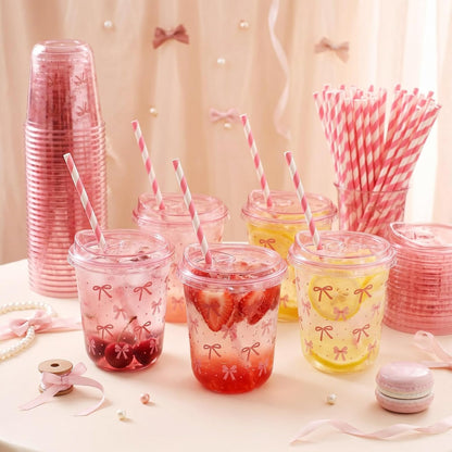 50 Sets Yellow Lemon Clear Plastic Cups with Lids & Straws 16 oz Party Tumblers for Iced Coffee, Smoothies, Juice & More Cute Disposable Pet Mugs for Birthdays & Gatherings