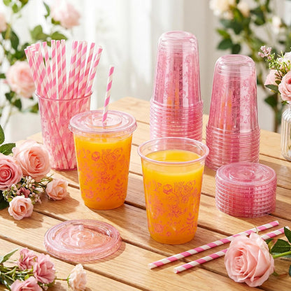 50 Sets Yellow Lemon Clear Plastic Cups with Lids & Straws 16 oz Party Tumblers for Iced Coffee, Smoothies, Juice & More Cute Disposable Pet Mugs for Birthdays & Gatherings