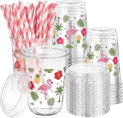 50 Sets Yellow Lemon Clear Plastic Cups with Lids & Straws 16 oz Party Tumblers for Iced Coffee, Smoothies, Juice & More Cute Disposable Pet Mugs for Birthdays & Gatherings