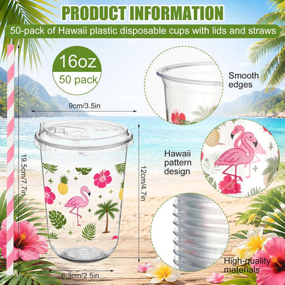 50 Sets Yellow Lemon Clear Plastic Cups with Lids & Straws 16 oz Party Tumblers for Iced Coffee, Smoothies, Juice & More Cute Disposable Pet Mugs for Birthdays & Gatherings