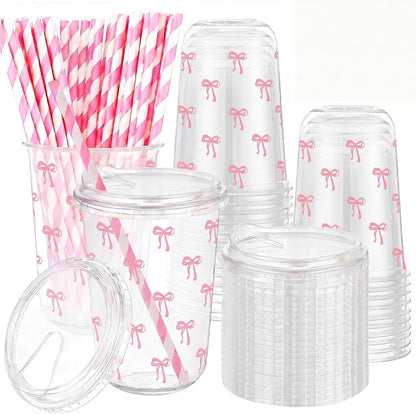 50 Sets Yellow Lemon Clear Plastic Cups with Lids & Straws 16 oz Party Tumblers for Iced Coffee, Smoothies, Juice & More Cute Disposable Pet Mugs for Birthdays & Gatherings