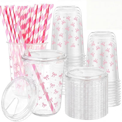 50 Sets Yellow Lemon Clear Plastic Cups with Lids & Straws 16 oz Party Tumblers for Iced Coffee, Smoothies, Juice & More Cute Disposable Pet Mugs for Birthdays & Gatherings