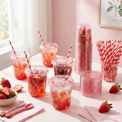 50 Sets Yellow Lemon Clear Plastic Cups with Lids & Straws 16 oz Party Tumblers for Iced Coffee, Smoothies, Juice & More Cute Disposable Pet Mugs for Birthdays & Gatherings