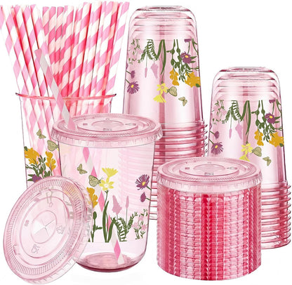 50 Sets Yellow Lemon Clear Plastic Cups with Lids & Straws 16 oz Party Tumblers for Iced Coffee, Smoothies, Juice & More Cute Disposable Pet Mugs for Birthdays & Gatherings