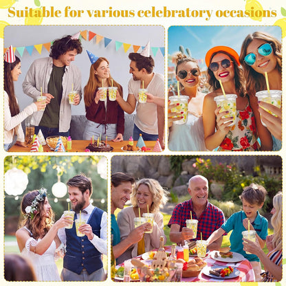 50 Sets Yellow Lemon Clear Plastic Cups with Lids & Straws 16 oz Party Tumblers for Iced Coffee, Smoothies, Juice & More Cute Disposable Pet Mugs for Birthdays & Gatherings