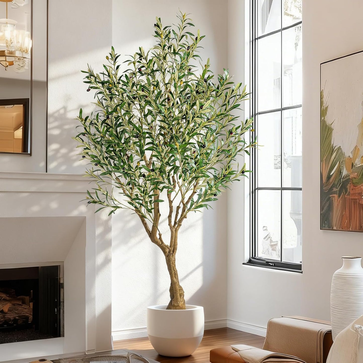 7ft Faux Olive Tree with Pot & Moss Artificial Olive Plant Fake Olive Tree for Home Decor, Large Indoor Artificial Trees Faux Plants Indoor Durable Artificial Trees for Living Room/Office