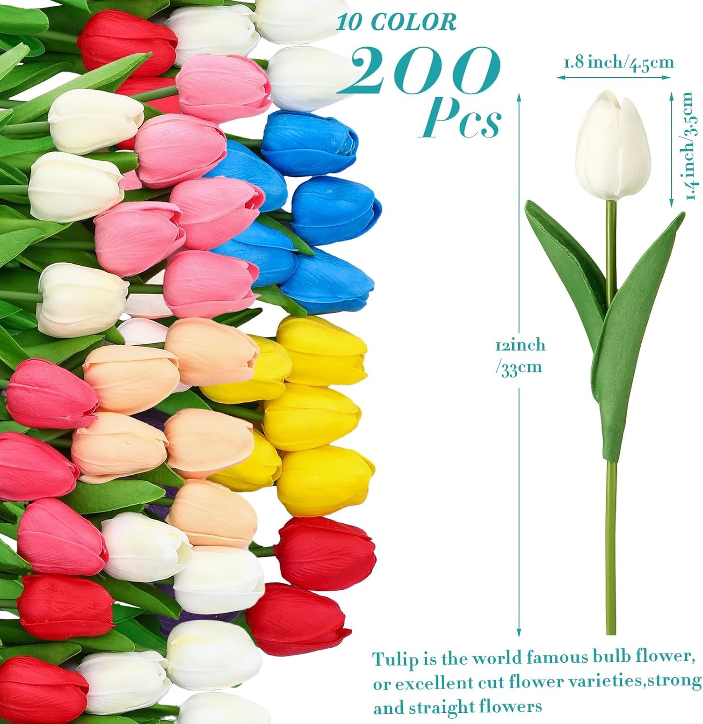 200 Pcs White Artificial Tulips Bulk PU Faux Tulips with Stem Bouquet Centerpieces Fake Flower for Wedding Arrangement Bouquets Party Decorations(White)