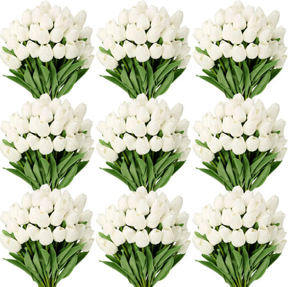200 Pcs White Artificial Tulips Bulk PU Faux Tulips with Stem Bouquet Centerpieces Fake Flower for Wedding Arrangement Bouquets Party Decorations(White)