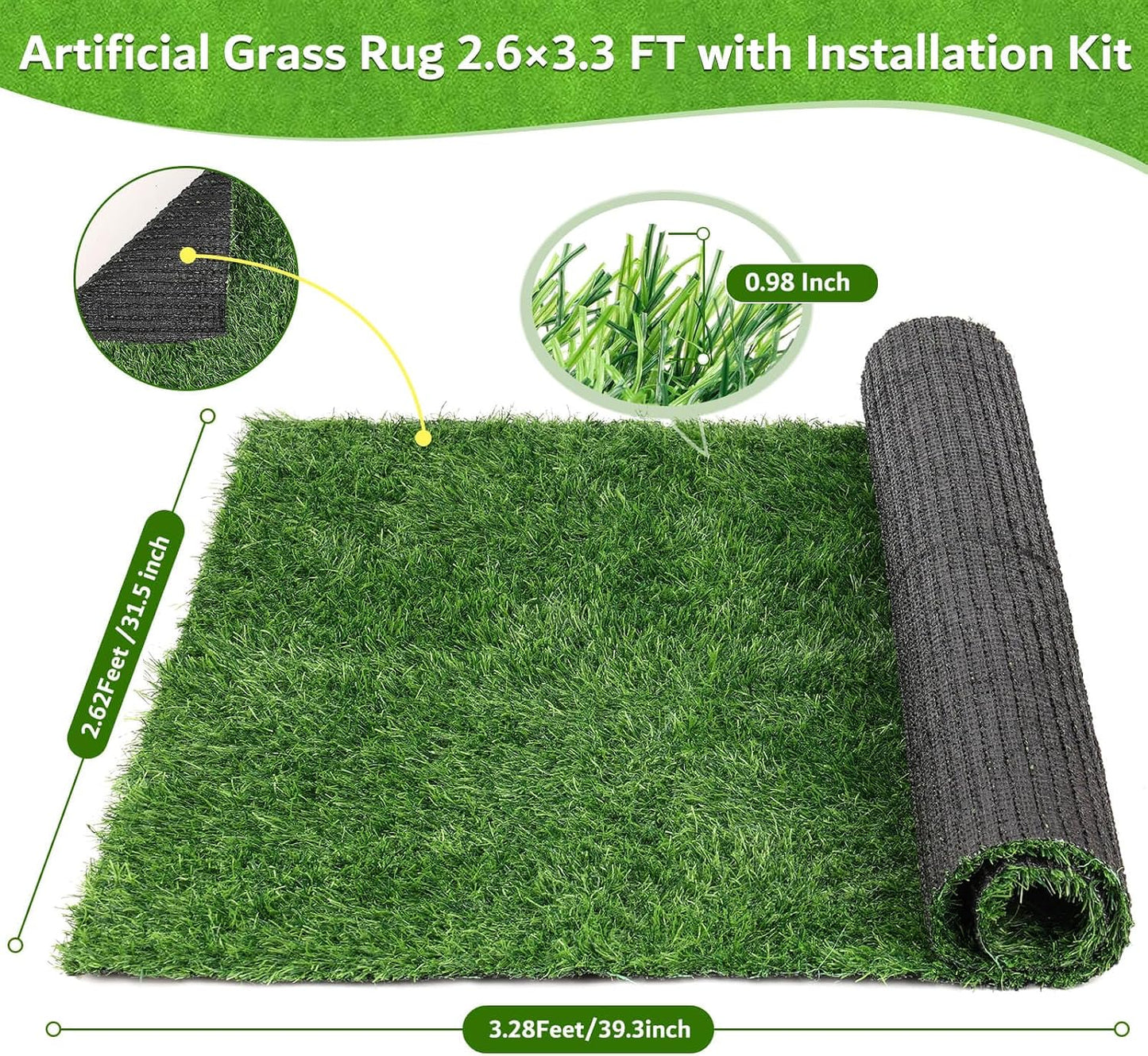 Artificial Grass Rug 2.6x3.3 FT, Synthetic Turf with Drainage Holes, for Patio, Balcony, Backyard, Dog Potty Training, Indoor Outdoor Lawn Carpet